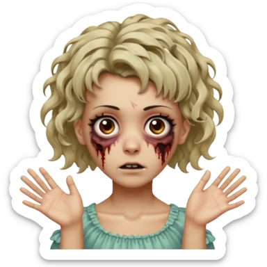 Cabelo ondulado  um pouco cheio e franja curta  Olhos marrons e pequenos e feita d ezumbi mais bonita com cabelo amarro na e com as mãos assim tipo assim🧟‍♀️ sticker