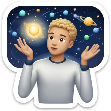 A young man floats in space, touching a particle that glows and expands, shaping the universe around him. Each touch creates new light, symbolizing how his choices build his own reality. sticker