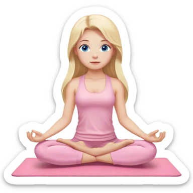 A yoga girl with blonde long hair and blue eyes in light pink clothes is sitting on a yoga mat sticker