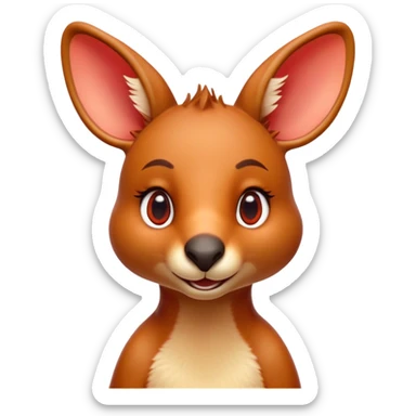 Cinematic Cute Kangaroo Portrait Emoji, Head tilted playfully and inquisitively, featuring a glossy red-orange fur with soft, rounded ears and round, sparkling amber eyes full of curious mischief, Simplified yet irresistibly adorable features, highly detailed, glowing with a warm, friendly glow, high shine, affectionate and bouncy, stylized with a touch of outback whimsy, bright and endearing, soft glowing outline, capturing the essence of a mischievous yet loving kangaroo, so playful it feels like it could hop out of the screen and into your arms! sticker