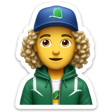 young white guy with small wavy hair with brazilian race jacket and hat serious sticker
