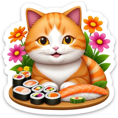 happy cat with flowers and sushi sticker