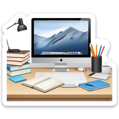 Computer on a desk with scattered books and notebooks sticker