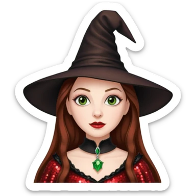Nessarose, Wicked Witch of the East from The Wizard of Oz with long brown hair, red sequin outfit sticker