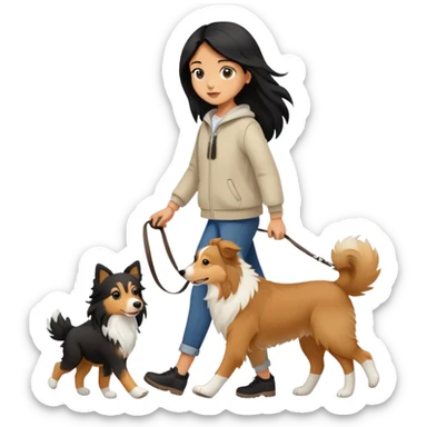 A girl with long black hair walking with a light brown collie sticker
