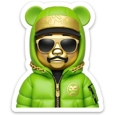 bearbrick toy with cubic head wearing a lime green balaclava with graffiti logos, wide single-piece visor sunglasses spanning entire face width, not divided for eyes, oversized puffy jacket with fur hood, gold chains sticker