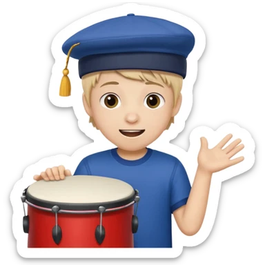 A young boy with a cap, wearing team colors, banging a small drum excitedly. sticker