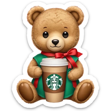 smooth texture teddy bear with red ribbon and starbucks coffee sticker