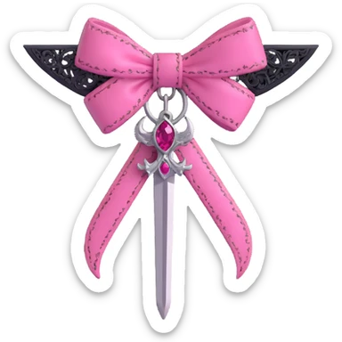 3D emoji style pink bow with gothic effect, black lace trim, silver dagger charm, and deep pink gemstone sticker