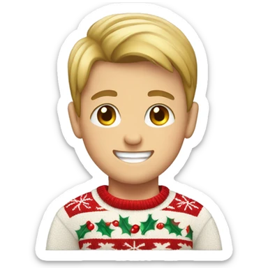 Young white boy with Christmas sweater on with a smile  sticker