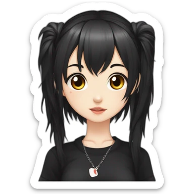 Young cute anime girl, black twin tail hair, band-aid on nose and cheek, spiked choker, wearing black shirt sticker