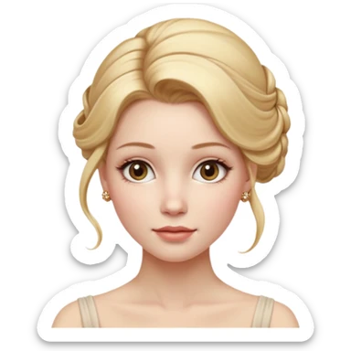 Cinematic Realistic Rococo Portrait, depicted with lifelike skin texture, subtle rosy undertones, and soft natural lighting that enhances the gentle contours of her face. Her intricately detailed golden blonde hair is elegantly styled in an updo, sticker