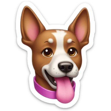 a purple dog with a brown nose and a pink collar with a bone eat cake sticker