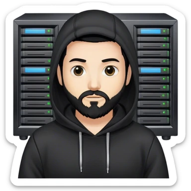 hackeur blanc cheveux noir barbe et capuche noir à côté d'un server ia sticker
