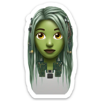 Olive green long hair female cyborg head with circuits sticker
