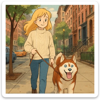 Cute Blonde woman wearing a sweater walking a happy red-brown blue-eyed Siberian husky in New York City on an upper east side city sidewalk  sticker