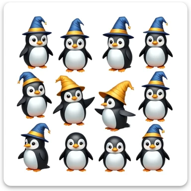 Create 12 penguin wizzard cartoon-style stickers, each showing a different expressive emotion: surprise, disappointment, joy, anger, sadness, kiss, wink, admiration, disgust, boredom, horror, and fun. sticker