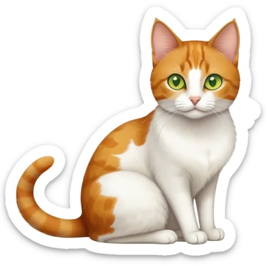 A mix breed cat (domestic shorthair and Arabian mau) sitting, with white fur, three ginger spots on its back, a ginger tail, and yellow-green eyes sticker