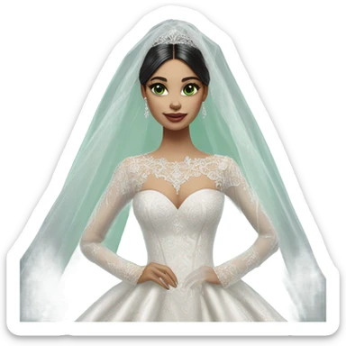 Hyper Realistic ornate ballgown long sleeve Wedding dress with diamanté on Russian bride with pale skin and green eyes and long black hair with veil hyper realistic  sticker