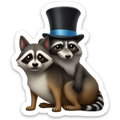 Dog on the back of a raccoon wearing a top hat sticker