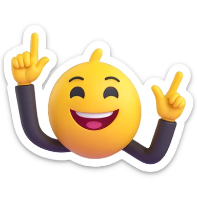 A 2D cartoon-style yellow emoji with a mischievous smile, shaped eyes, and both hands pointing upward with index fingers.  clean digital style, and a fun, dancing expression. Style similar to children’s drawing tutorials, dancing expression. No background, isolated on white.  sticker