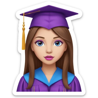 girl with gorgeous long brown hair, blue eyes, long lashes makeup, sexy pink lips, wearing a purple graduation cap and gown sticker