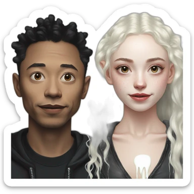 Grimes with drops of milk spray on face, elon musk smirking, duo sticker