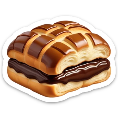 Cinematic warm pain au chocolat, flaky golden-brown pastry with a rich chocolate filling peeking through, perfectly crisp exterior, soft glowing highlights, inviting and indulgent. sticker