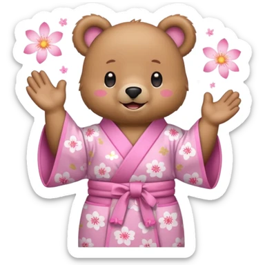 A cute light-brown bear wearing a pastel pink sakura-patterned kimono, normal balanced body ratio.  
Clapping hands cheerfully with a big bright smile and small spark effects around.  
Kawaii emoji style, minimalistic clean sticker illustration, white background.
 sticker