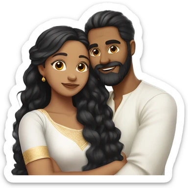 Light skin;Black long hair girl  in a white saree hugging with a man with black beard and hair on top sticker