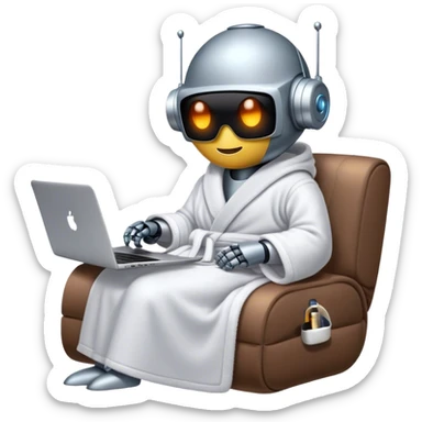 An emoji of a remote-working robot, sitting comfortably with coffee and laptop wrapped in a cozy bathrobe. The robot's head resembles a sleek, futuristic helmet with a smooth, reflective surface. Its eyes are not human-like but rather glowing digital slits or circular LED indicators. sticker