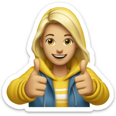 A 30-year-old blonde woman in a yellow hoodie smiles and shows a ‘Thumbs Up’ sign with her hand  sticker