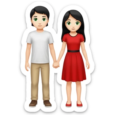 full-length couple, girl with long black hair and green eyes in red dress, boy with blonde hair in white t-shirt sticker