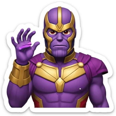 Thanos in Squid Game guard outfit emoji style, purple skin, strong jaw, Infinity Gauntlet, red jumpsuit, black mask with triangle, minimal, bold lines, bright, playful sticker