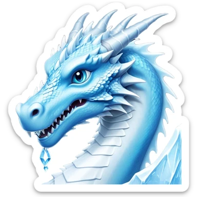 Cinematic Noble elegant Ice Dragon Portrait Emoji, Poised and imposing, distinct long elegant snout, with a slender, scaled body shimmering in glacial hues of icy blue, frostbitten silver, and crystalline white, breathing out frost, with piercing, glowing ice blue white eyes that radiate the chilling depths of an arctic storm; rendered in detail. Breathing out a frost mist sticker