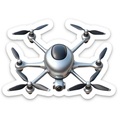 A futuristic drone emoji made of polished silver chrome, smooth rounded body, minimal propellers, reflective metallic surface, soft studio lighting, iOS emoji style, centered, clean white background sticker