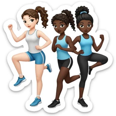 3 women exercising. The woman on the left has pale white skin and curly brown hair in a ponytail. The woman in the middle has black skin and curly black hair. The woman on the right has pale white skin and straight, brown hair in a ponytail. sticker