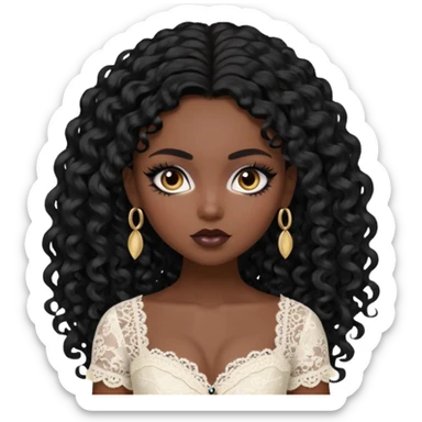 black skin, pretty, BLACK long curly black hair, pale skin, eyeliner, lace clothes, brown eyes bratz baddie sticker