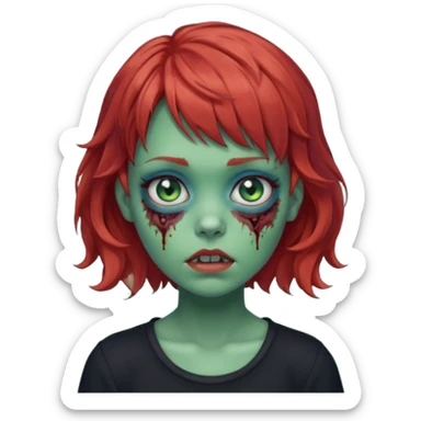 Zombie girl emoji with short red hair and bangs. Blue eyes, green skin, and a black top Her hair is slightly wavy sticker