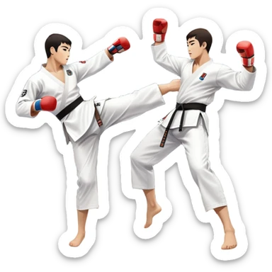 Two taekwondo fighters in traditional white doboks with black belts compete in a dynamic match. One delivers a high kick, while the other blocks using their knee. The background features a professional arena with bright lights and spectators. Transparent background. sticker