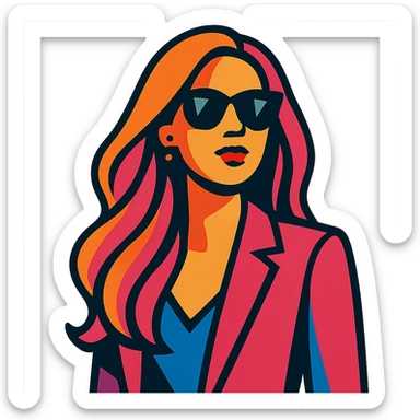 a beautiful woman with long hair and black shades, confident expression, fashion illustration, vibrant toon style sticker
