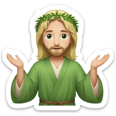 Jesus, green eyes, blonde hair, light green robe. opening arms, gazing thoughtfully. Soft light, subtle fern. Waist-up, profile. sticker