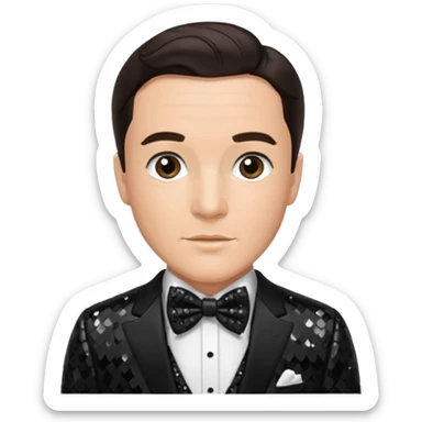 Gene Kelly with dark brown hair, black sequin suit with bow tie sticker