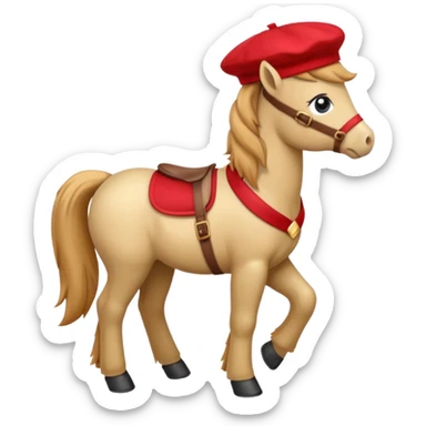 A cute pony (horse) emoji, full body, standing in side view, wearing a stylish red beret. sticker