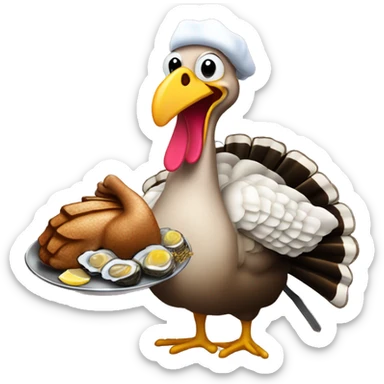 Turkey holding slice of dark, black toasted bread with pan of oysters, fire sticker