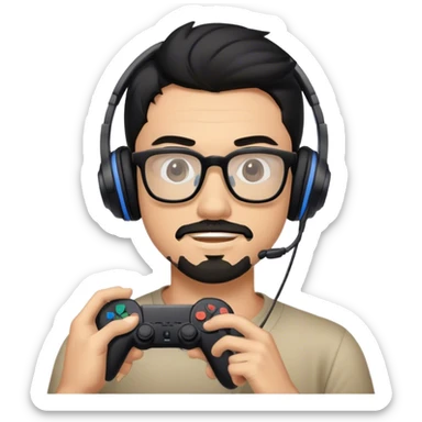 Muchacho guapo con cabello negro con lentes con barba de candado con audífonos jugando playstation  sticker