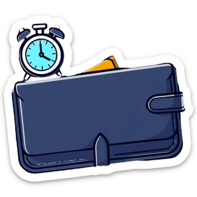 wallet with a zooming clock with motion blur in top right corner, clock with speed streaks, speedometer-style clock showing fast service sticker