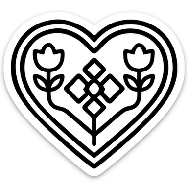 red heart with geometric Slavic folk art motif, bright folk colors, simple and bold, black outline around the motif, gold border around heart, motif is clear at small size sticker