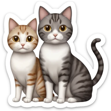 3 different coloured short haired cats including; a dark brown tabby and white cat, and a dark grey and white  sticker