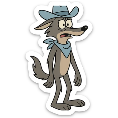 grey coyote with a light blue cowboy hat and neckerchief, standing, flat toon style sticker